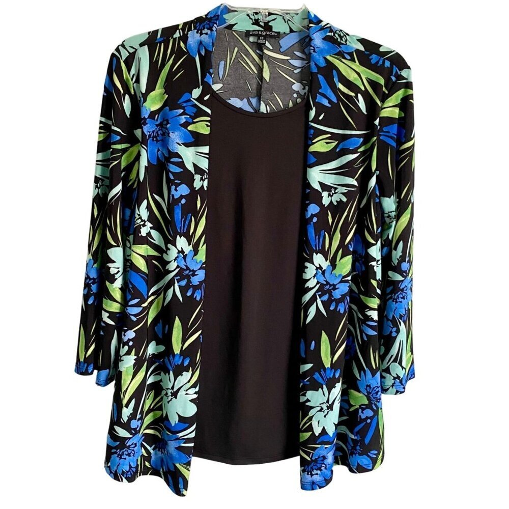 Ava & Grace One Piece Top Leaf Print Attached Black Tank Front Women's Medium